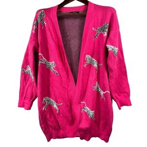 Hot Pink Cheetah or Panther Cardigan Sweater Women's S Oversized Side Slit